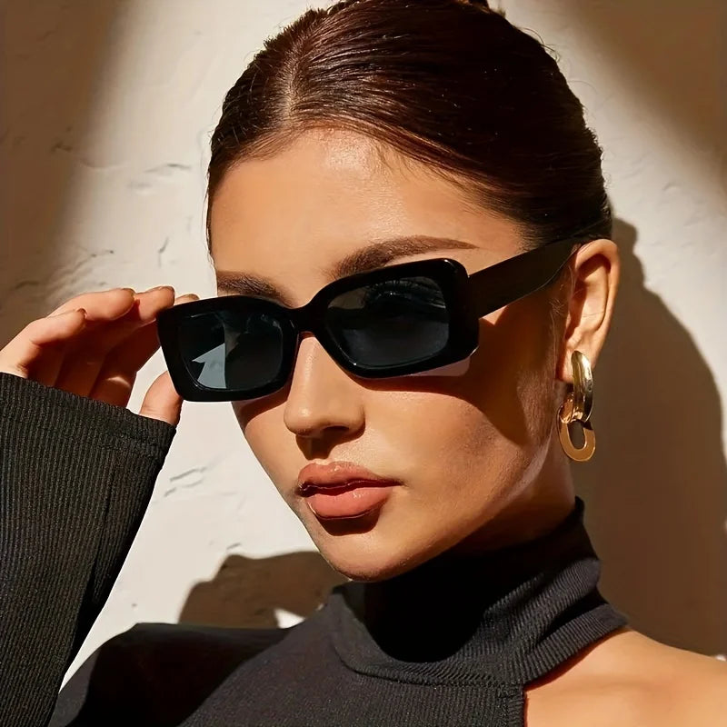 Close-up of Retro 90s Rectangle Shades on model Vintage Y2K Street Style Eyewear