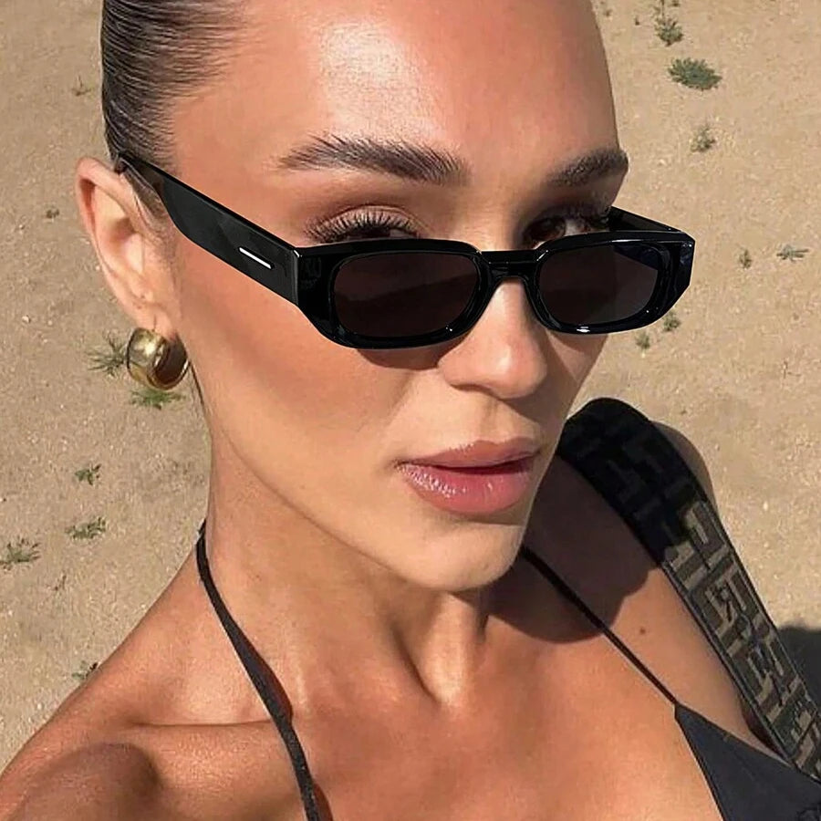 Model wearing Vintage Rectangle Classic Shades in tortoise