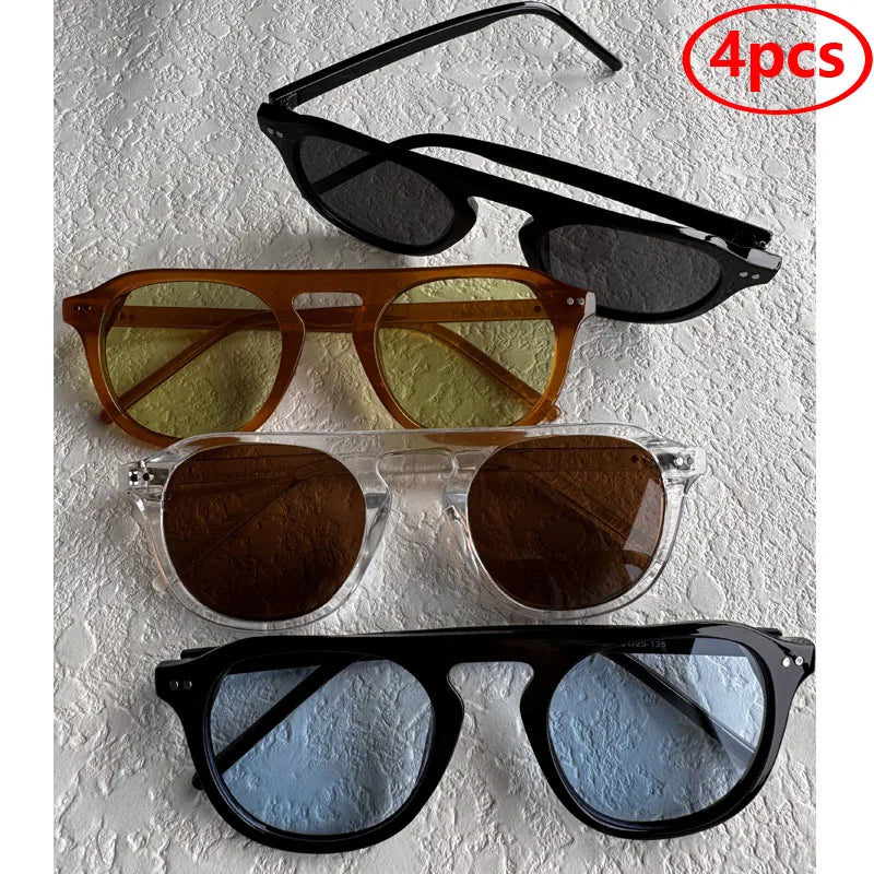 Steampunk Oval Rivet Shades – Retro Gothic Industrial Goggles
 with different lens colors on a textured white background.