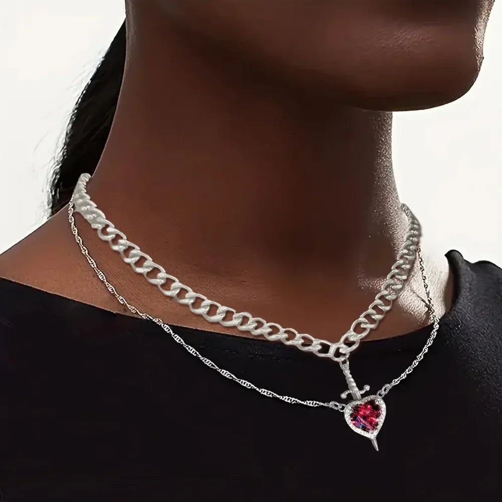 Double Layer Butterfly Necklace. Heart & Sword Couple Necklaces with minimalist bar pendant, 