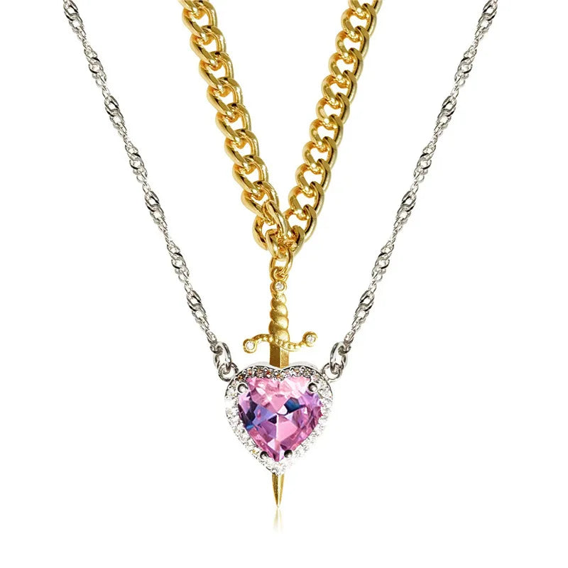 Double Layer Butterfly Necklace ,Elegant dainty Heart & Sword Couple Necklaces with a single cubic zirconia pendant.