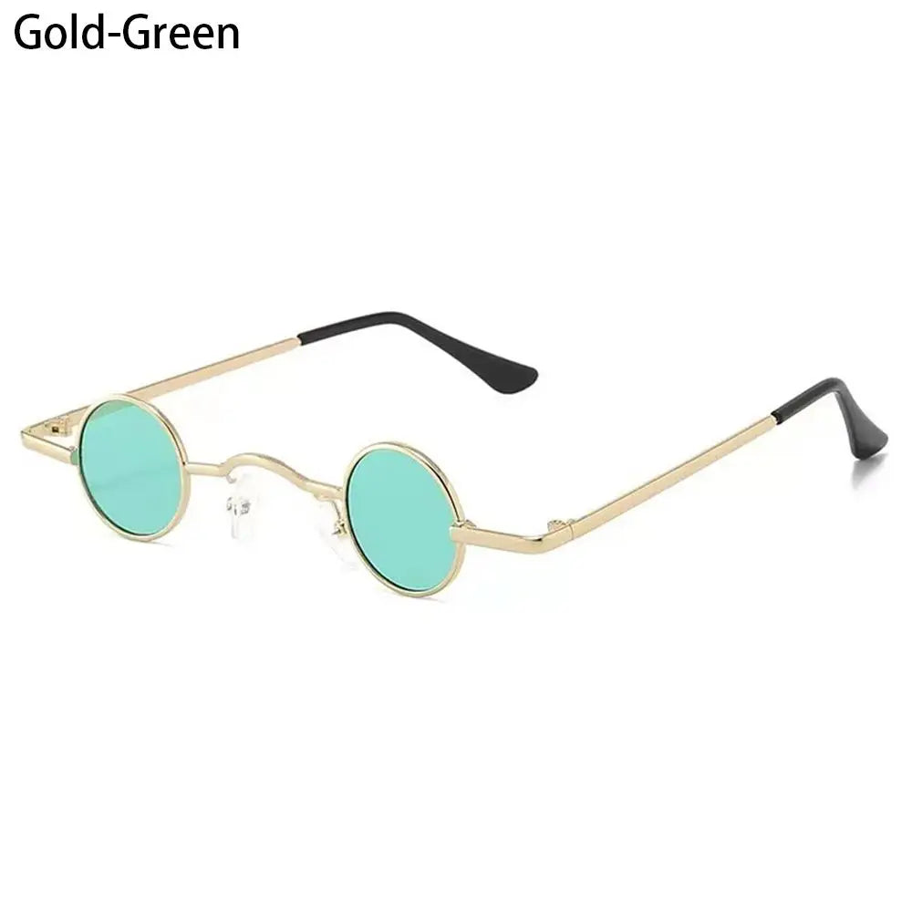 Candy Round Metal Shades, Gold-framed sunglasses with green lenses on a white background