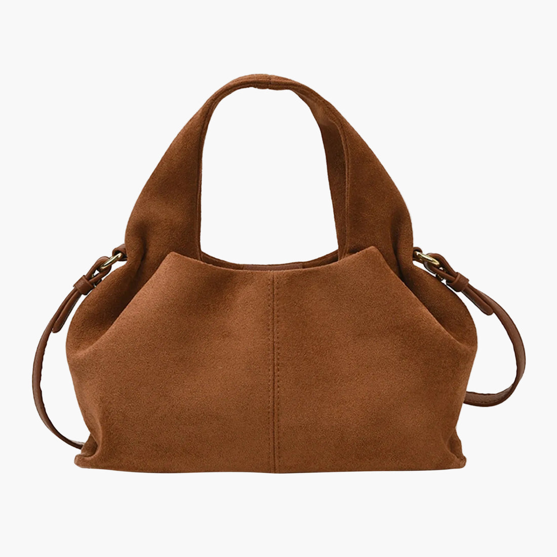 Brown suede handbag on a white background