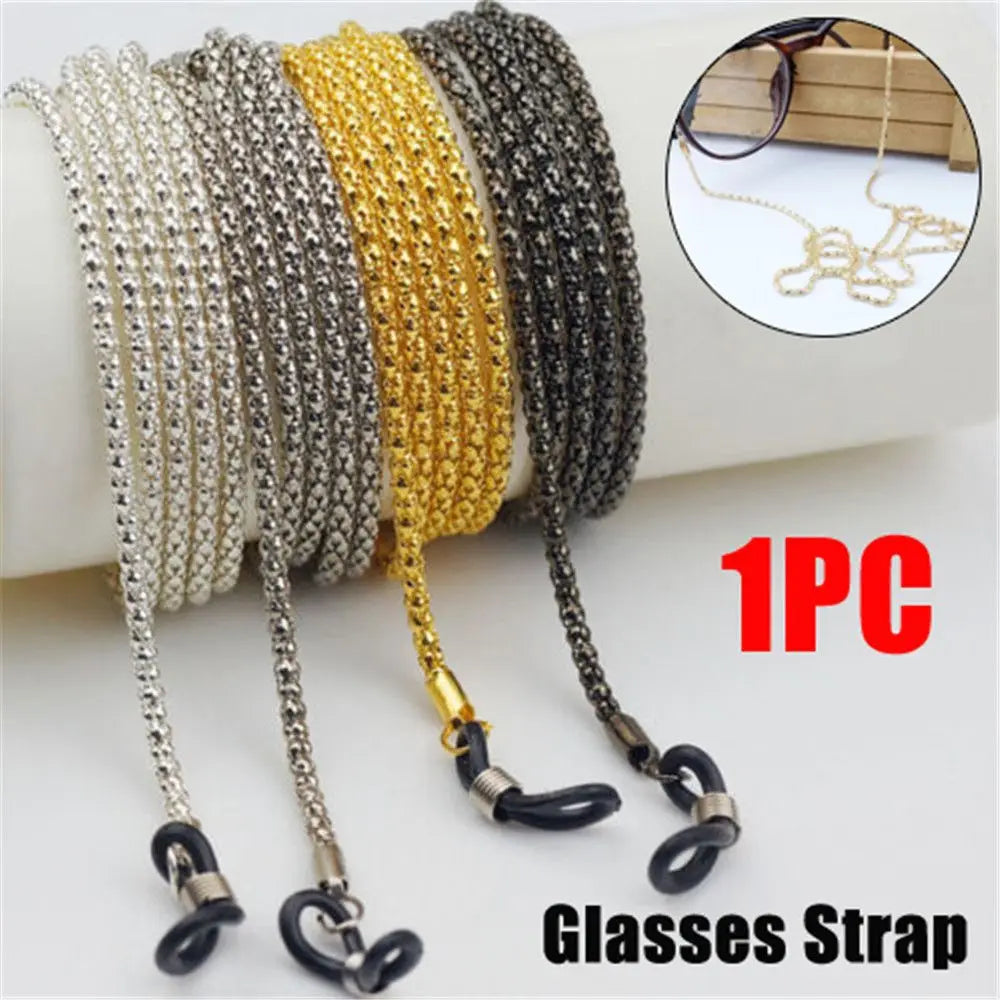 Set of three eyeglass chains in silver, gold, and Candy Round Metal Shades