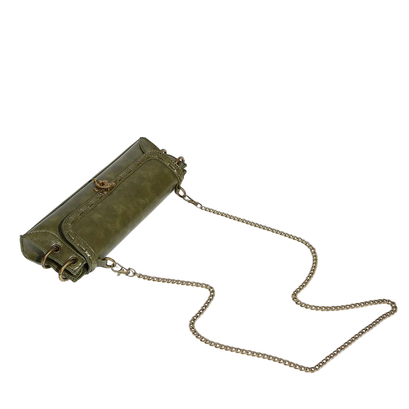 Green handbag with a chain strap on a light gray background