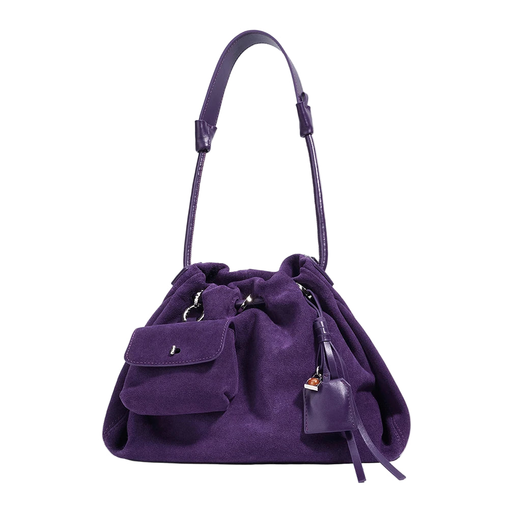 Purple handbag with a drawstring on a white background