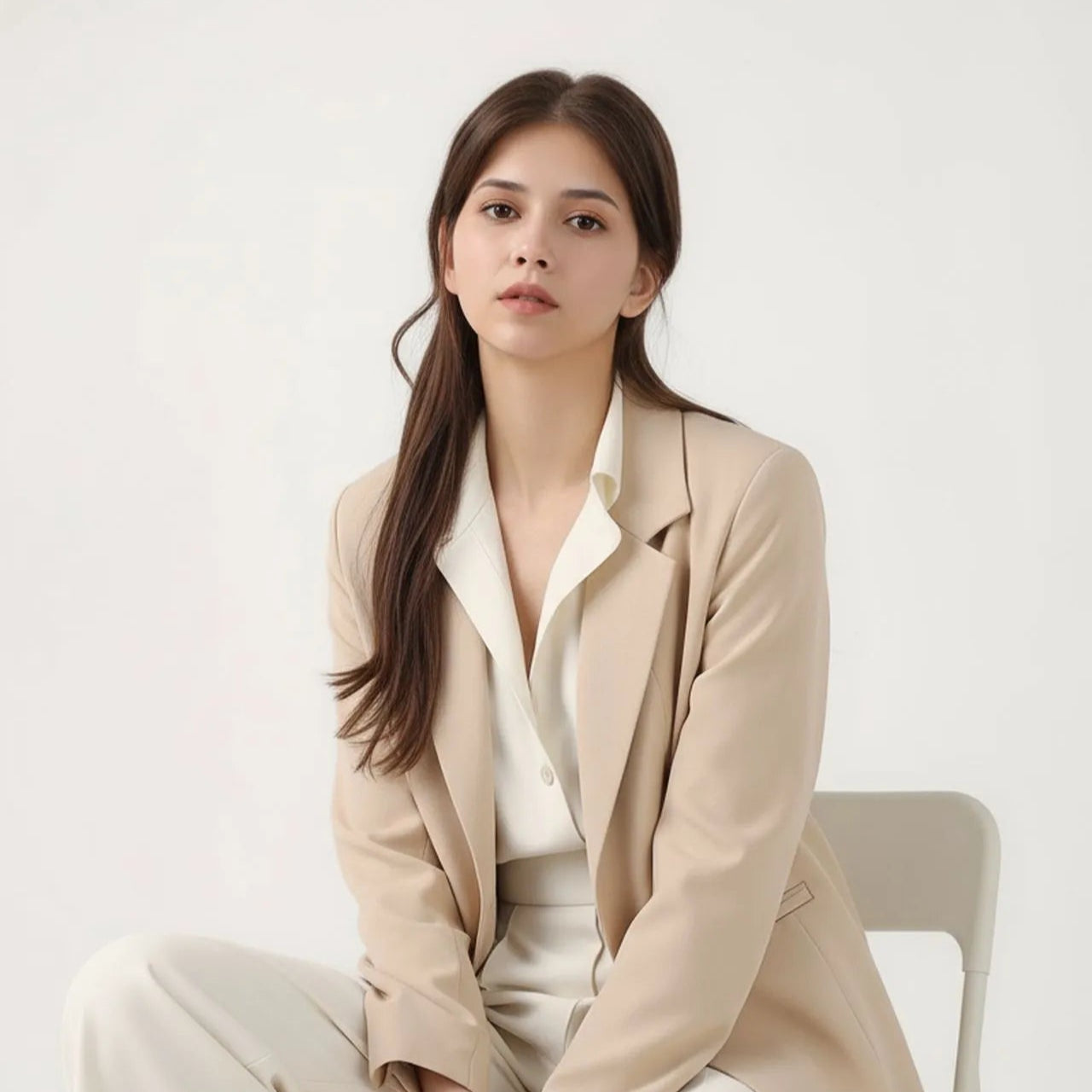 Woman sitting on a chair wearing a beige suit against a white background