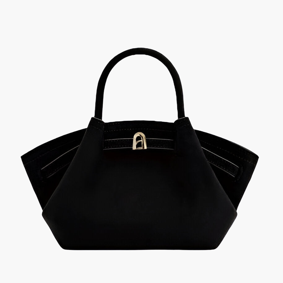 Black handbag with a gold clasp on a white background