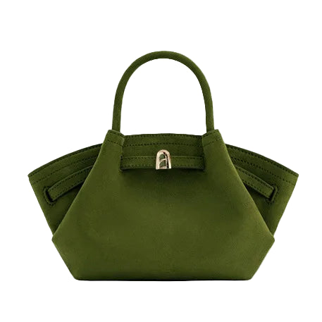 Green handbag with a gold clasp on a white background