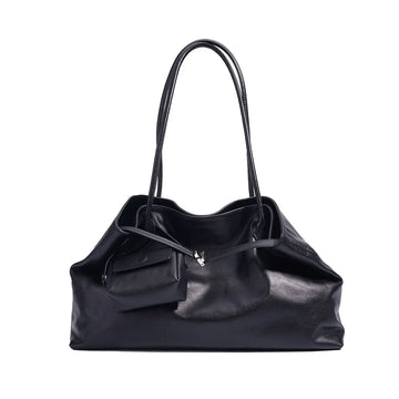Black leather handbag on a white background