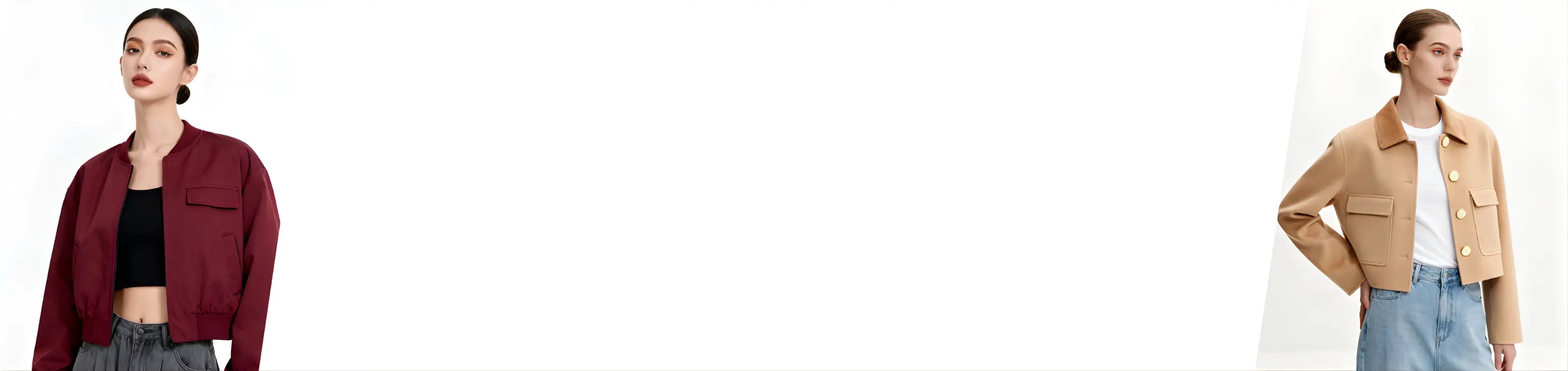 Two women wearing jackets on a white background