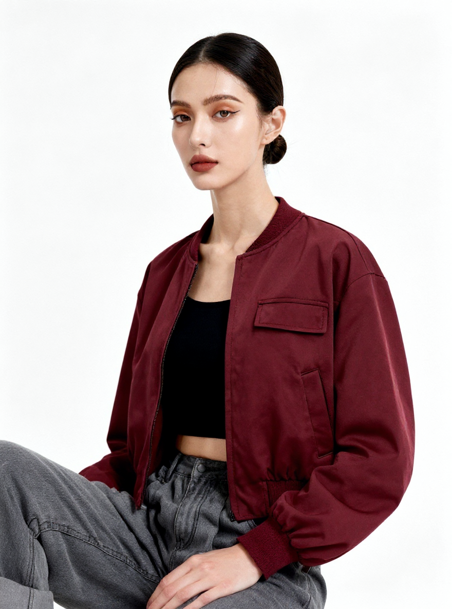 Woman wearing a burgundy jacket on a white background