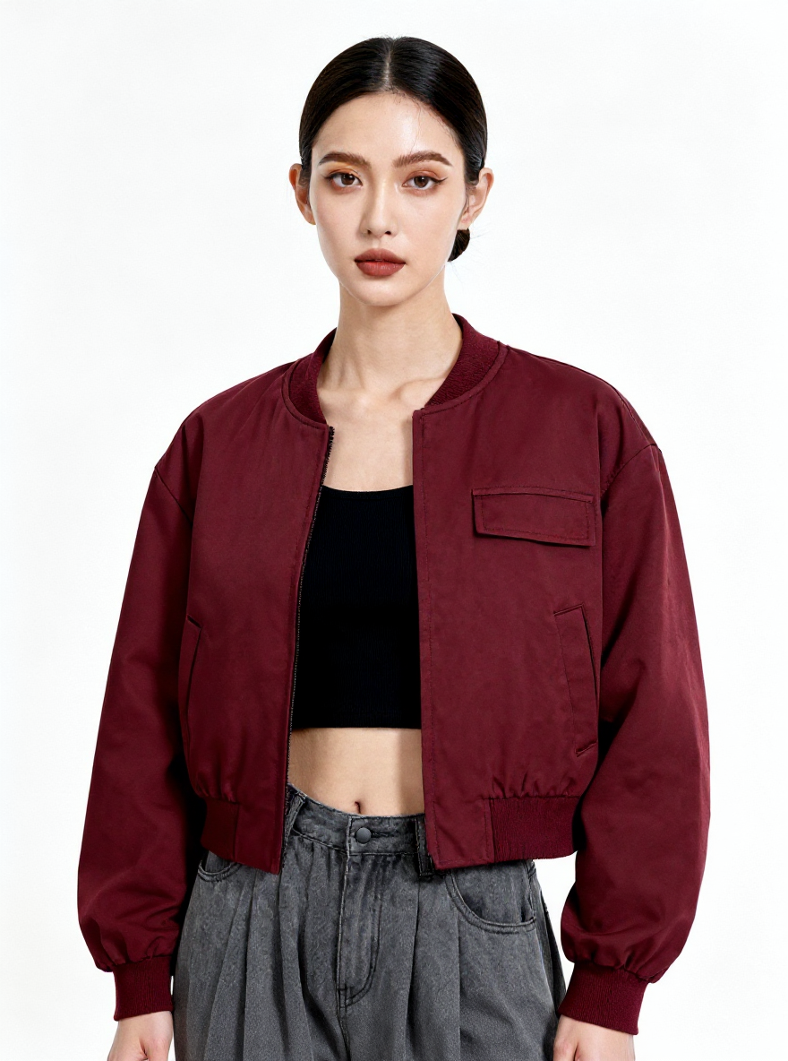 Woman wearing a burgundy jacket over a black top and gray pants on a white background