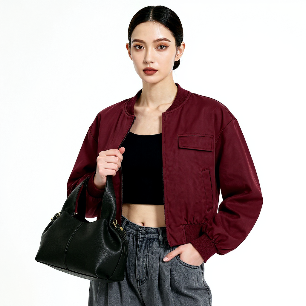 Woman wearing a burgundy jacket holding a black handbag on a white background