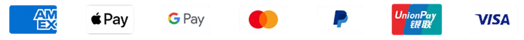 Logos of various payment methods including AMEX, Apple Pay, Google Pay, Mastercard, PayPal, UnionPay, and Visa.